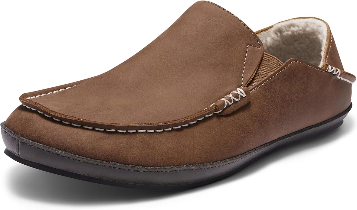 Men’s Premium Everyday Moccasin Slippers Crafted Leather Upper Plush Shearling-Style Lining Removable PU Arch Support Insole with Deep Heel Cup Non-Slip Non-Marking Rubber Sole Fold-Down Heel Indoor Outdoor