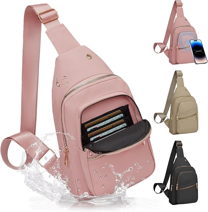 Small RFID Waterproof Travel Crossbody Sling Bags for Women Men, Hands Free Lightweight Sling Backpack Fanny Pack Cross Body Bag for Outdoors Hiking Traveling Fitness Commuting Leisure Pink