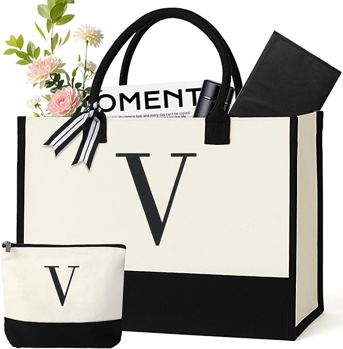 Personalized Canvas Tote Bag for Women Makeup Pouch Initial Beach Bag Removable Bottom Board for Travel Birthday