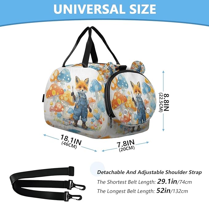 Kids Travel Duffel Bag Overnight Weekender Carry-On Tote Gym Bag with Shoes Compartment Sports School Anthropomorphic Fox in Denim Overalls Painting A Mural Of Polka-dot Mushrooms Lisa Frank Neon Pal
