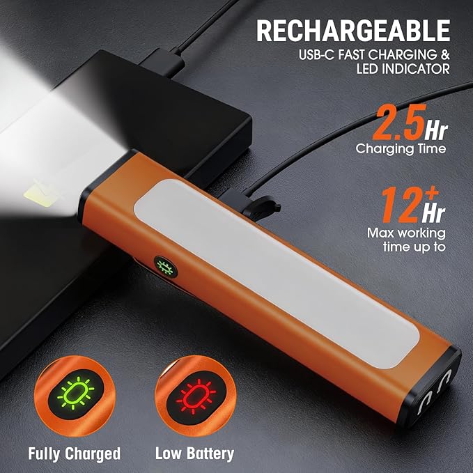 Pocket Flashlight, 1200 Lumens Rechargeable EDC Flashlight with Clip, USB-C Port, 3 Modes Waterproof Warning Light for Working, Camping, Repairing, Emergencies (Orange, 2PCS)