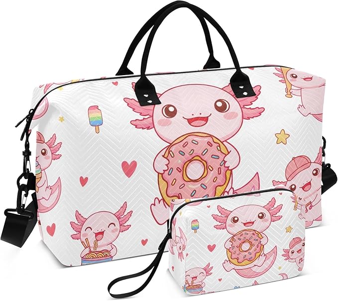 Travel Duffle Bag, Cute Axolotl Donut Gym Bag with Storage Bag Weekender Overnight Bag for Men Women Trip Sports Yoga