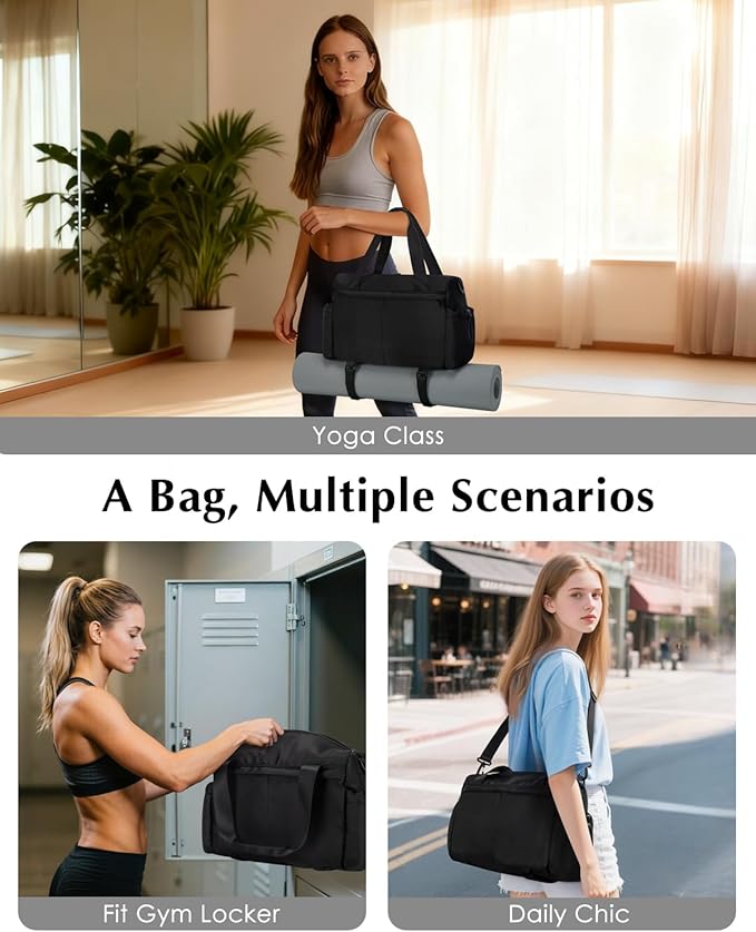 Small Gym Bag, Mini Gym Bag for Women with Yoga Mat Holder and Wet Compartment, Cute Small Yoga Mat Bag with Water Bottle Pocket for Workout Dance, Black
