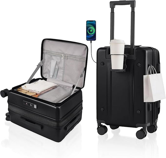 Expandable 20Inch Carry On Luggage Airline Approved - Top Opening Hardside Travel Suitcase Unbreakable -with Cup Holder,USB Charge,Side Pothook, 360°Spinner Wheels, TSA Lock-Black