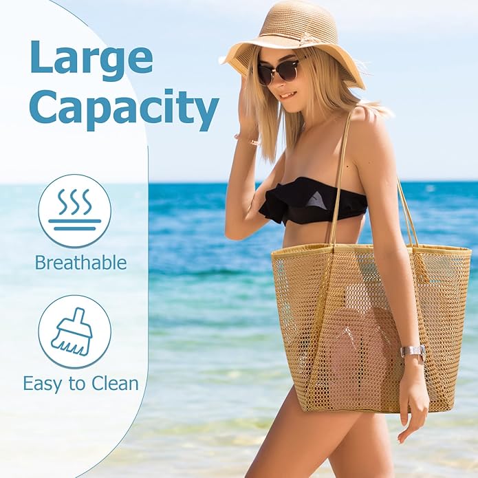 Iioscre Beach Bag for Women, Causal Hobo Pool Bags with Zipper Inner Pocket, Foldable Swim Tote Bag for Vacation Essentials