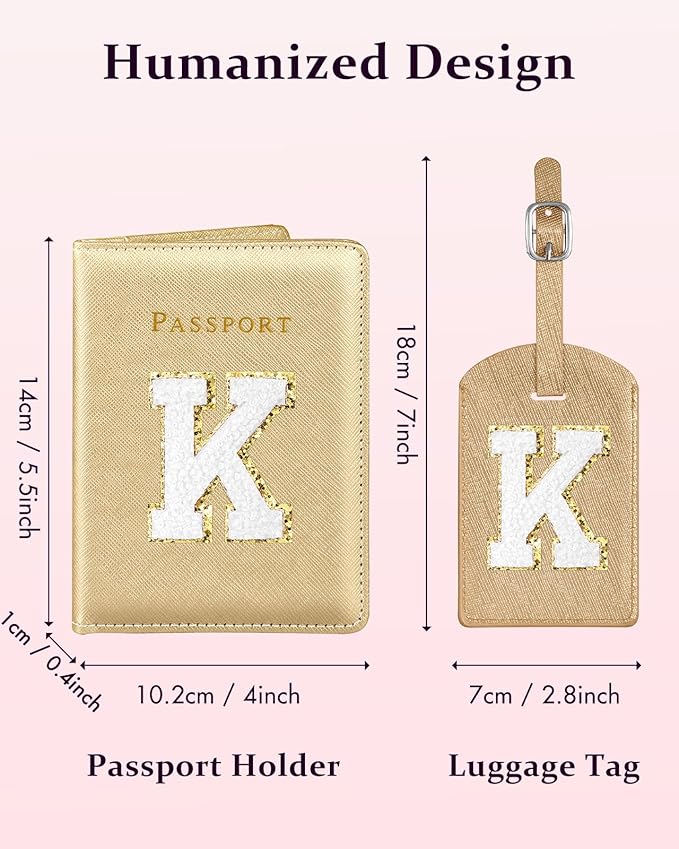Slohif Passport Holder Initial Lugguage Tag Set Suitcase Cover Wallet Case for Travel Women - Leather Letter Passport Book Personalized Organizer Card Protector Sleeve Essentials Slim Carrier Gold K