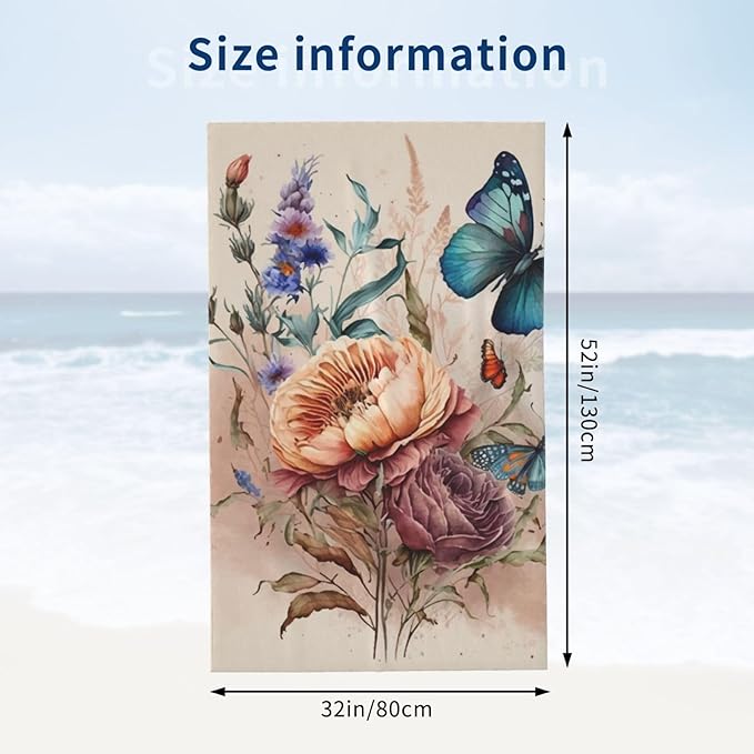 Microfiber Beach Towel, Flower Butterfly Beach Towels 32x52in,Quick Dry, Sand Free, Ultra Soft & Oversized Towel for Travel, Outdoor, Bathroom, Swimming - Ideal for Pool, Camping, Yoga, or Gift Decor