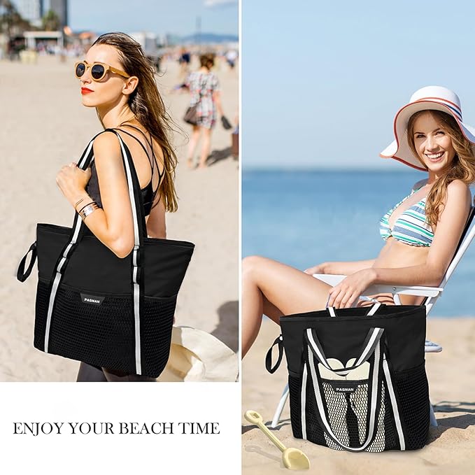 Large Beach Bag with Zipper-8 Pockets Sandproof Beach Tote Bag for Women,Foldable Lightweight Family Swim Bag Vacation