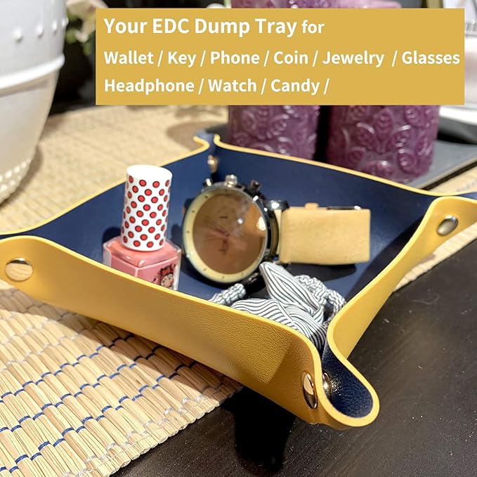 Leather Valet Tray, Catchall Tray Desktop Storage Organizer, Decorative Contrast Color Coin Box, EDC Dump Tray for candy Key Phone Jewelry Wallet Glasses Headphone Watch (pink +violet)