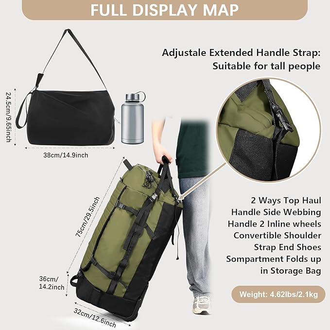 Rolling Duffle Bag with Wheels,86L 30”Folding Duffle Backpack with 2 Wheels,Travel Bag with Separate Shoe Compartment (Green)