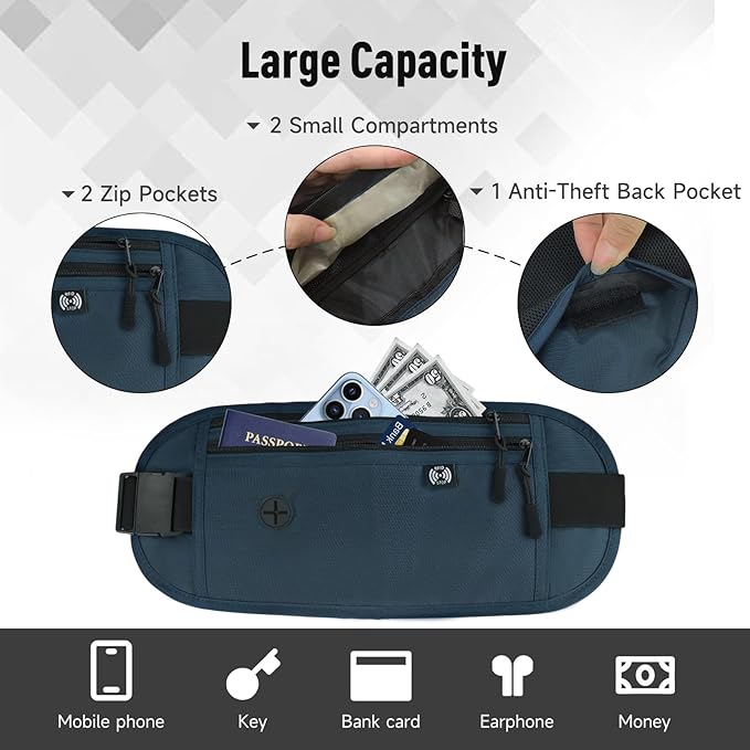 FuninCrea Waterproof Hidden Money Belt for Travel, Anti-Theft Belt Bag with RFID Blocking Function Adjustable Slim Waist Bag with 2 Zipper Pockets and 1 Back Pocket for Men and Women (Style l, Black)