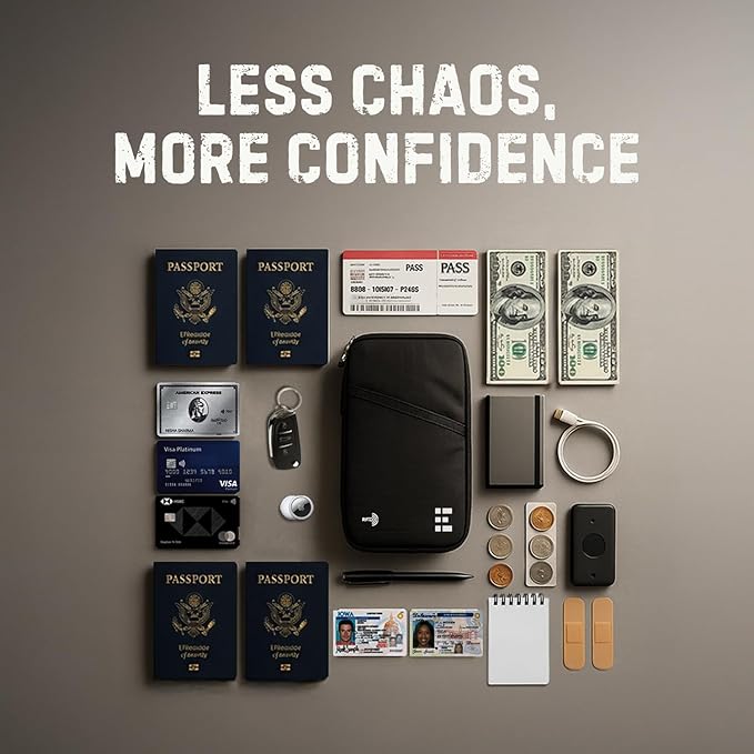 Zero Grid RFID Family Passport Holder for up to 6 Passports, Large Zippered Wallet for Men & Women, Fits Cards, Cash, ID, Sim Card, AirTag; Premium & Compact Travel Document Holder - Midnight Black