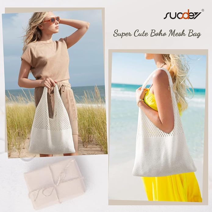 Beach Tote Bag for Women, Crochet Boho Aesthetic Mesh Shoulder Summer Vacation