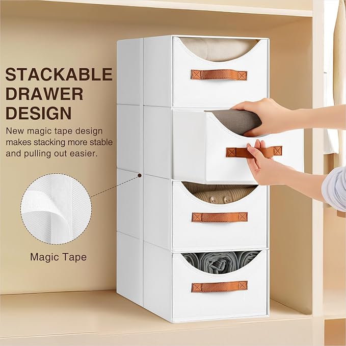 Stackable Storage Drawers - Collapsible Storage Bins with Drawers, 8 Pack Closet Shelf Organizer Basket, Fabric Pull Out Organizer for Bedroom, Living Room, Dorm, White