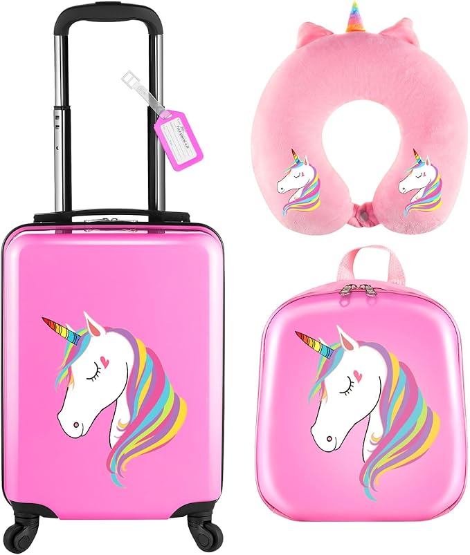 Sanwuta 4 Pcs Kids Luggage Set Rolling Suitcase Backpack U-shaped Pillow Kids Carry On Gift for Summer Travel Family Trip(17 Inch,Unicorn Style,Pink)