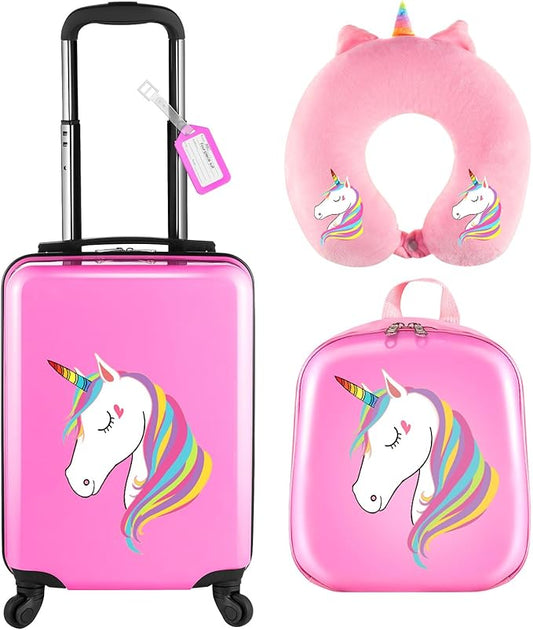 Sanwuta 4 Pcs Kids Luggage Set Rolling Suitcase Backpack U-shaped Pillow Kids Carry On Gift for Summer Travel Family Trip(17 Inch,Unicorn Style,Pink)