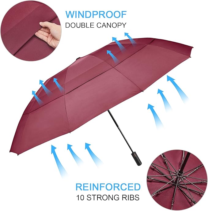 G4Free 42 Inch Inverted Compact Golf Umbrella for Rain Reverse Travel Umbrella 10 Ribs Windproof Portable Double Canopy Automatic Open Close for Women(Burgendy)