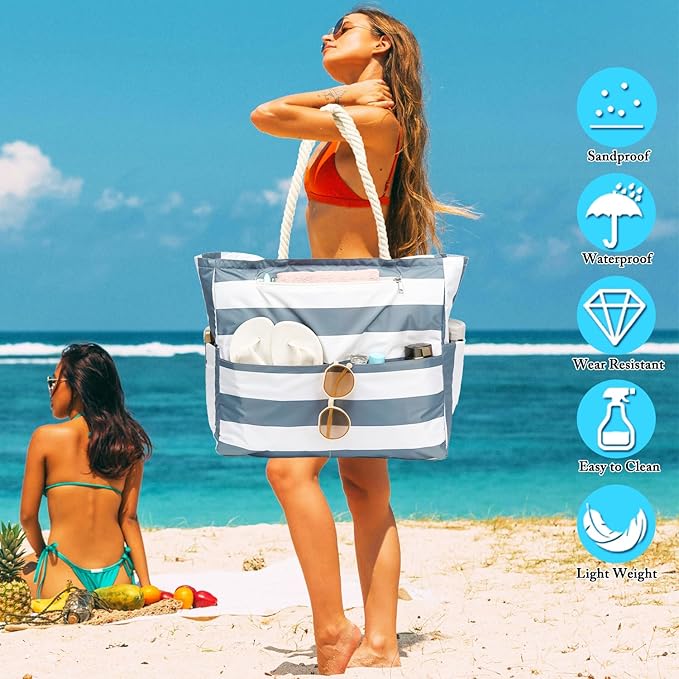 Large Canvas Beach Bag for Women, Beach Bags Waterproof Sandproof with Zipper & Wet Bag Cruise Essentials