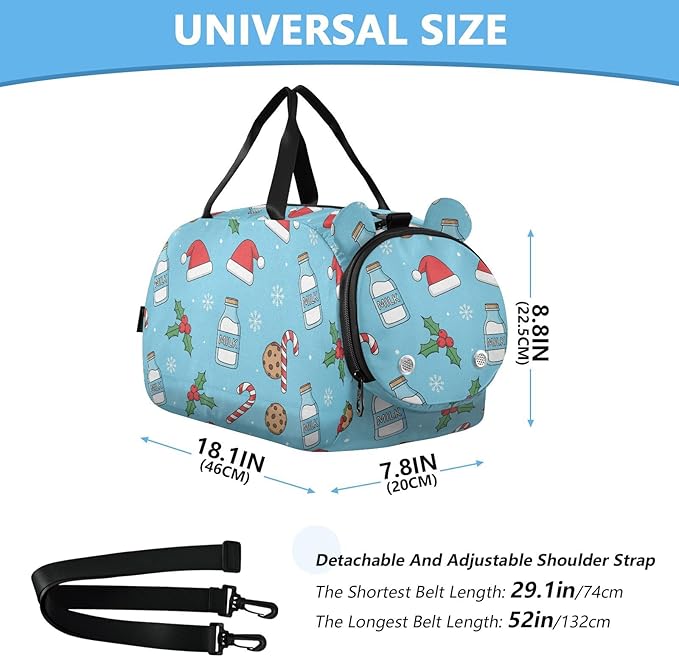 VIGTRO Milk Bottles Santa Hats Cookies Kids Overnight Travel Duffel Bag Sport Gym Bag for Boys Girls with Shoe Compartment, Christmas Carry On Weekender Luggage Bag for Dance Swim Yoga