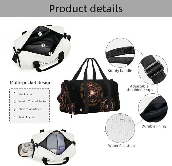 Starry Dandelion Print Gym Bag with Shoe Compartment for Women Men, 17.7in Sports Duffle Weekender Tote, Overnight Travel Duffel Bag Carry On