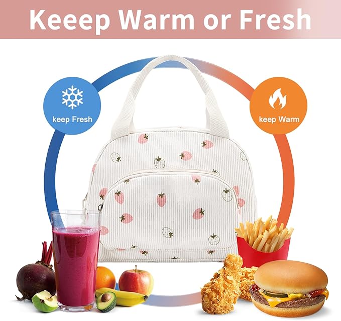 Lunch Bag Women Lunch Box for Women Adult Cute Insulated Lunch Bag Small Cooler Lunch Tote Bags for Work Picnic School (Beige-Light Strawberry)