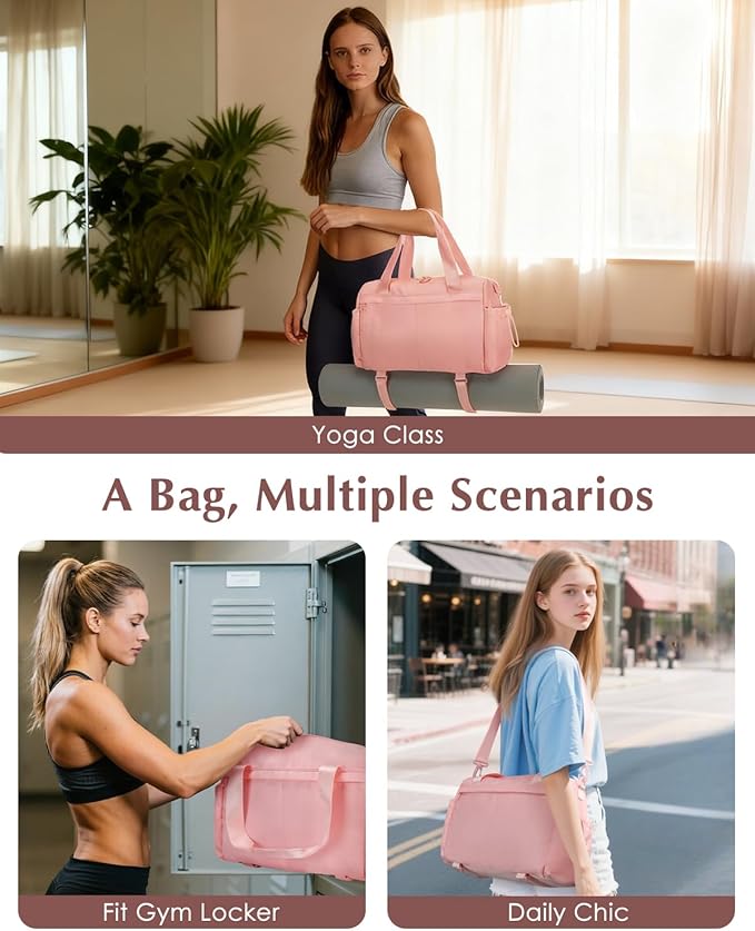 Small Gym Bag, Mini Gym Bag for Women with Yoga Mat Holder and Wet Compartment, Cute Small Yoga Mat Bag with Water Bottle Pocket for Workout Dance, Pink