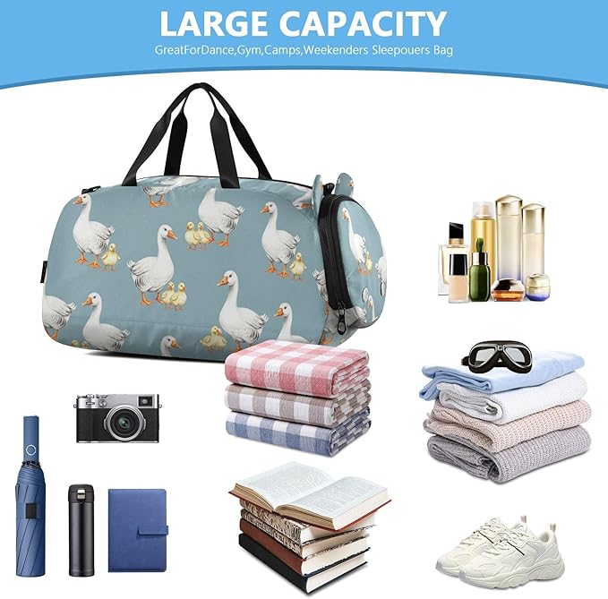 VIGTRO Geese Goslings Blue Kids Overnight Travel Duffel Bag Sport Gym Bag for Boys Girls with Shoe Compartment, Carry On Weekender Luggage Bag for Dance Swim Yoga
