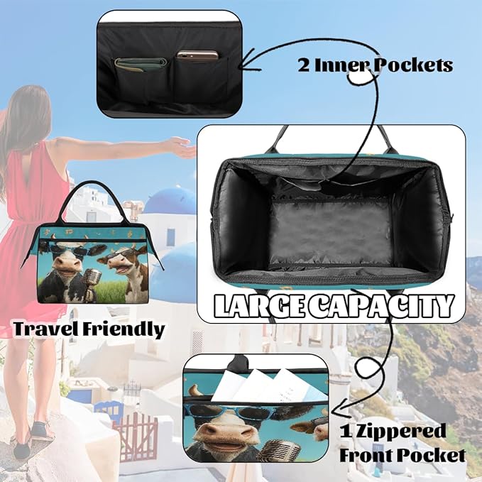 Overnight Weekender Bags for Women Men, Two Music Cows Art Waterproof Travel Carry On Duffel Bag, Lightweight Sports Gym Bag for Fitness, Workout, Travel