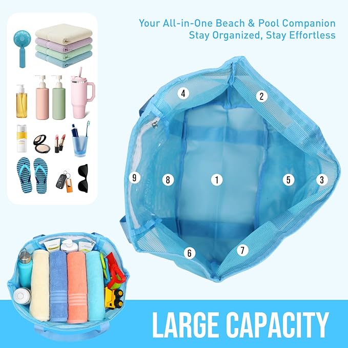 Large Mesh Beach Tote Bag, 9-Pocket Foldable Summer Vacation Beach Bag for Travel, Pool, Gym, Cruise