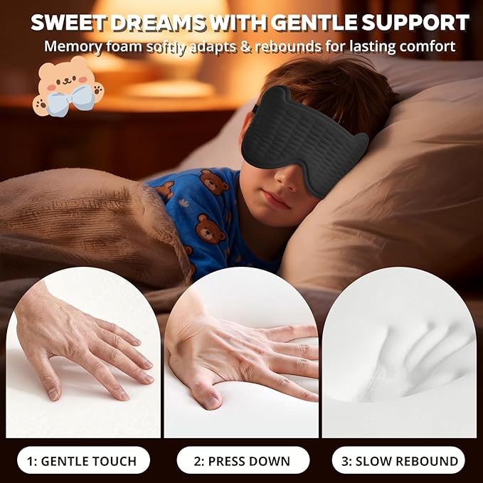 3D Kids Sleep Mask – Cute Bear Eye Mask for Sleeping, Comfortable Memory Foam Sleep Mask for Kids, Adjustable Strap and Lightweight Sleeping Mask for Boys Girls Teens Ages 5-15 (Black)