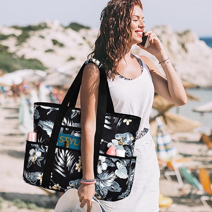 Becokan Beach Bags for Women Large Beach Tote Bag with Zipper Pockets Beach Bag Waterproof Sandproof Travel Nurse Tote Bag