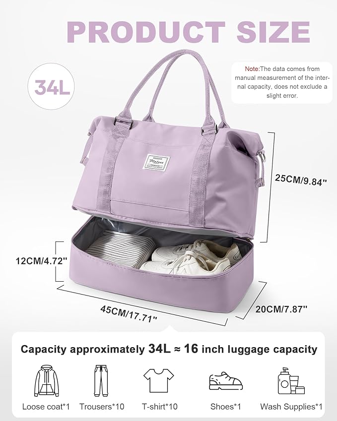 Travel Duffel Bag, 18x14x8 Inches Travel Bag Spirit with Shoes Compartment, Weekender Overnight Bag for Women with Trolley Sleeve, Carry On Bag for Airplanes Sport Tote Gym Bag Purple