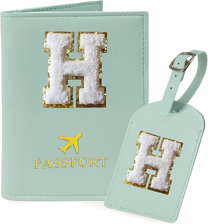 COSHAYSOO Green Initial Passport Cover Holder and Luggage Tag Set TSA Approved with Letter Name Patch for Women Teenage, Travel Passport Book Vaccine Card Combo Bag Suitcase Identifier (H)