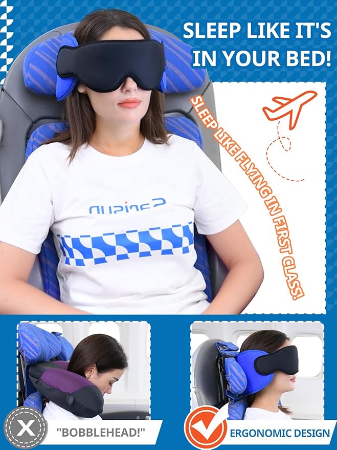Travel Pillows for Airplanes, Airplane Pillow for Long Flight, Airplane Head Strap with Sleep Eye Mask, 360° Support Headrest for Car Trip, Travel Essentials Stop Bobblehead, Mottled Blue