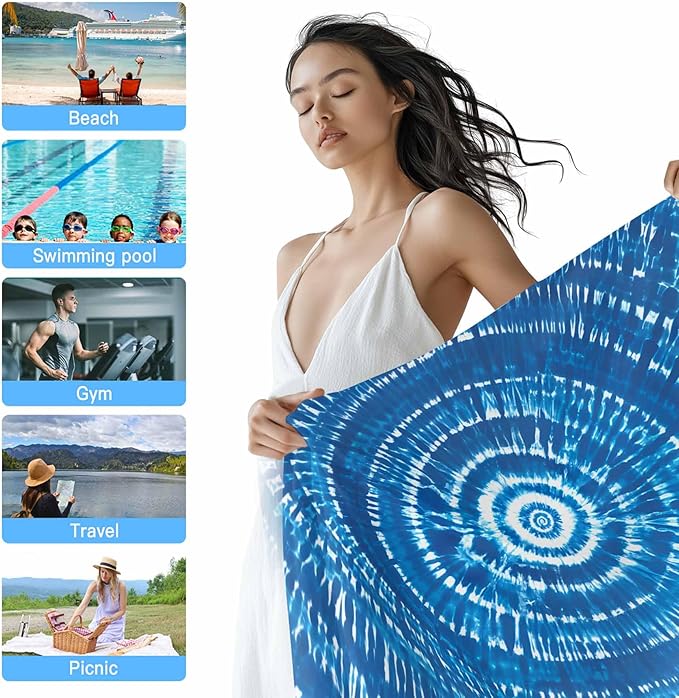 Blue Gradient Beach Towel 35" x 71" Abstract Tie-Dye Art Quick Dry Sand Free Pool Towels Soft & Absorbent Compact Towels Beach Accessories for Travel Bathroom Swimming Pool