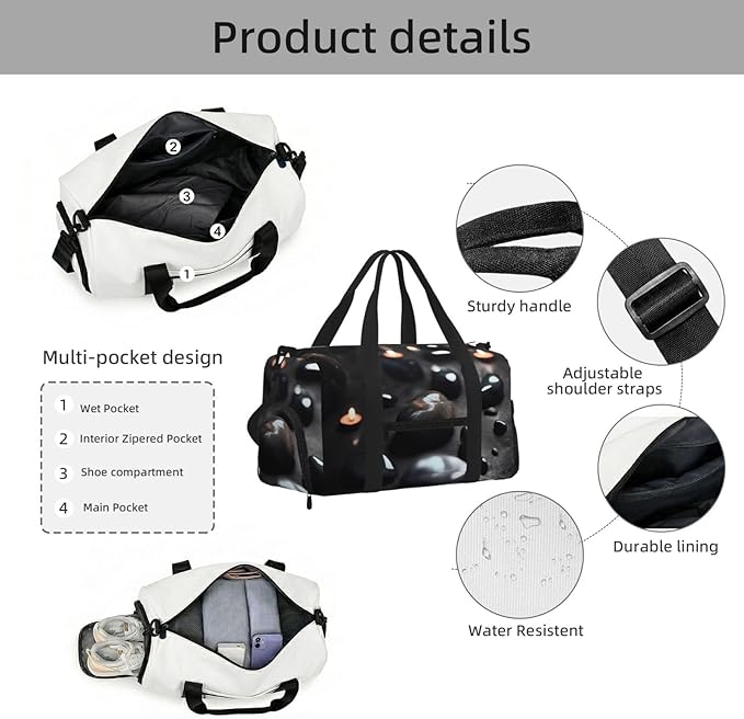 Black Mystery Heart Stone Print Gym Bag with Shoe Compartment for Women Men, 17.7in Sports Duffle Weekender Tote, Overnight Travel Duffel Bag Carry On