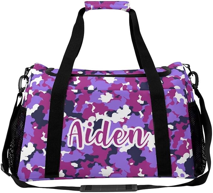 Handheld Crossbody Multifunctional Travel Bags, Personalized Duffle Bags, Camouflage Purple Fuchsia Camo Pattern Luggage Bag, Custom Weekender Overnight Bags