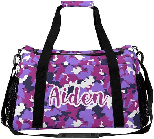 Handheld Crossbody Multifunctional Travel Bags, Personalized Duffle Bags, Camouflage Purple Fuchsia Camo Pattern Luggage Bag, Custom Weekender Overnight Bags