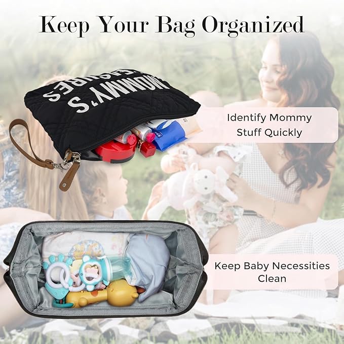 printe Mommy Diaper Bag Tote with 2 Organizers, Large Mom‘s Bag for Hospital & Travel Baby Diaper for Baby Care (Quilted Embroidery-Black)