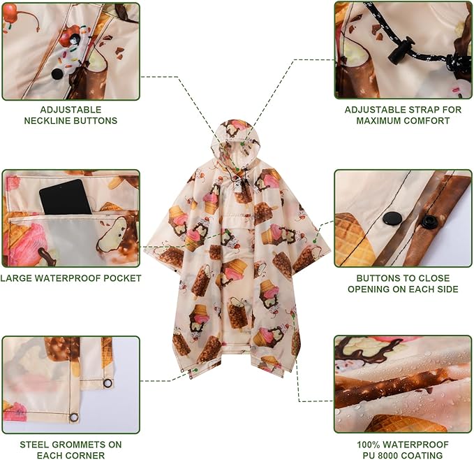 Hooded Rain Poncho for Adults - Waterproof Rain Coat and Lightweight Jacket 3-in-1 Multi-Function with Pockets