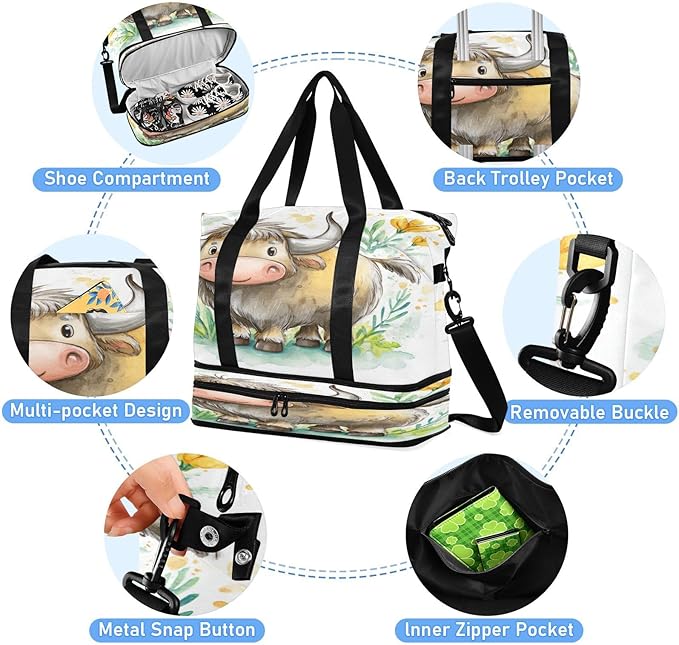 Travel Duffel Bags for Women Cute Cartoon Yak with Wildflowers Sports Duffel Bags Gym Bags with Shoes Compartment Tote Bag Weekender Bag for Travelling