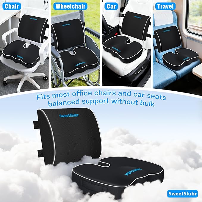 Memory Foam Seat Cushion & Lumbar Support Pillow Set – Extra Large Orthopedic Cushion for Office Chair, Car, Home. Enhanced Comfort & Tailbone Relief for Long Sitting Hour Black/X-Large