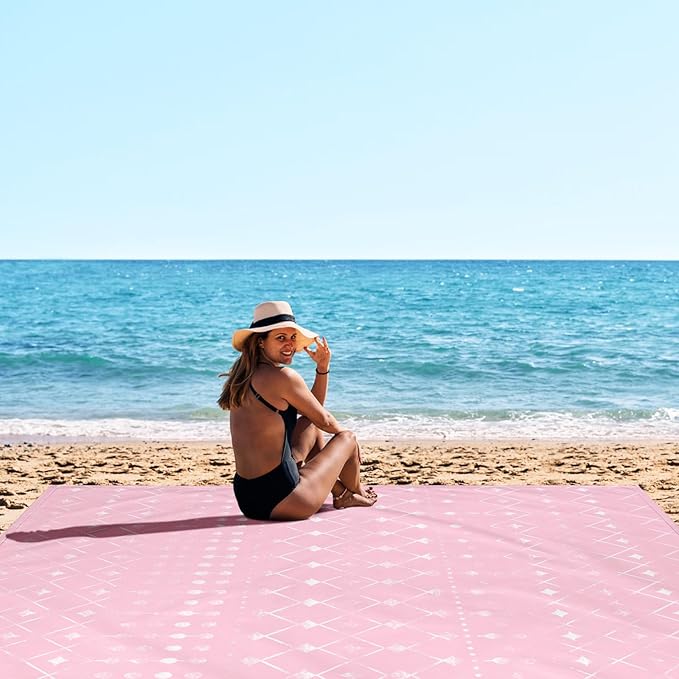 BEW Beach Blanket Waterproof Sandproof, Moroccan Blythe Pink Picnic Blankets, 86''×78'' Large Beach Mat Sand Free for 2-4 Adult, Compact Quick Drying Outdoor Blanket Beach Essentials Must Have