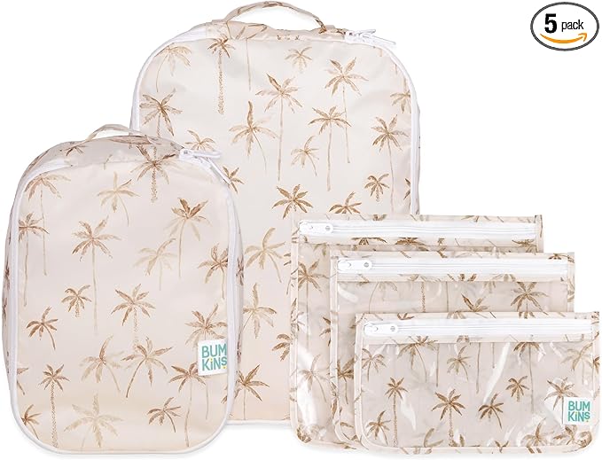 Bumkins Packing Cubes and TSA Approved Pouches for Travel Bag, Organize Luggage with Compression Bags, Essential Traveling Accessories to Pack Clothes, Toiletries Carry On Suitcase, 5-pc Palm Trees