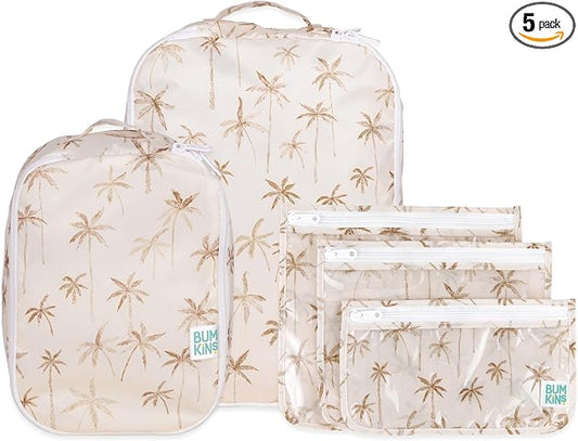 Bumkins Packing Cubes and TSA Approved Pouches for Travel Bag, Organize Luggage with Compression Bags, Essential Traveling Accessories to Pack Clothes, Toiletries Carry On Suitcase, 5-pc Palm Trees