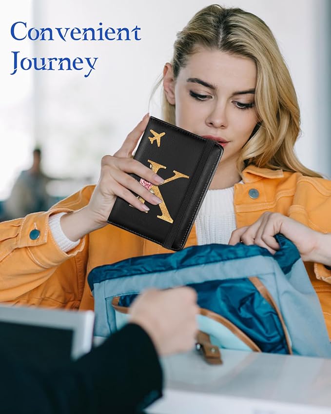 Slohif Initial Passport Holder Cover Wallet Case for Travel Women - Leather Letter Passport Book Family Multiple Personalized Organizer Slim Carrier Card Slots Protector Sleeve Essentials Black K
