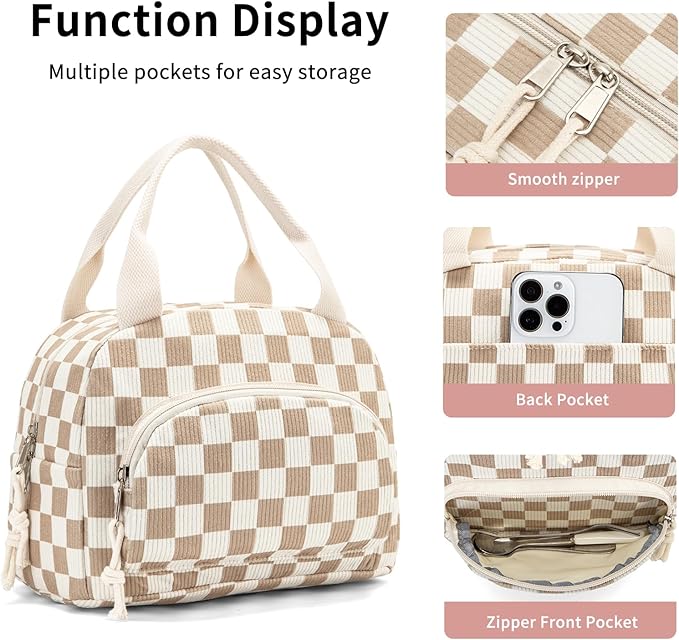 Lunch Bag Women Lunch Box for Women Adult Cute Insulated Lunch Bag Small Cooler Lunch Tote Bags for Work Picnic School (Beige-Brown Plaid)