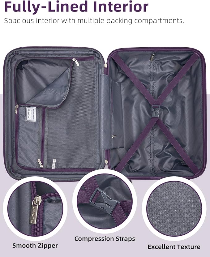 LARVENDER Carry on Luggage 22x14x9 Airline Approved, 20 Inch Hardside Suitcase with Wheels TSA Lock, PC+ABS Lightweight Carry on Suitcases for Women and Men, Purple (20/DB/TB)