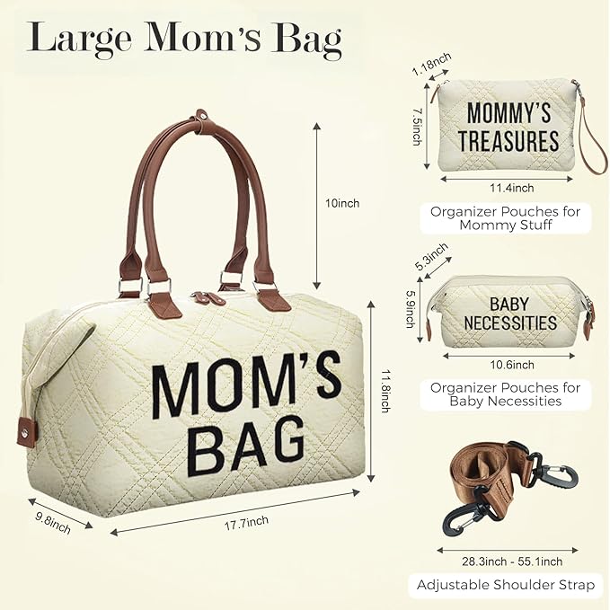 printe Diaper Bag Tote with 2 Organizers, Large Mommy Bag for Hospital & Travel Baby Diaper for Baby Care (Quilted Embroidery-Beige)