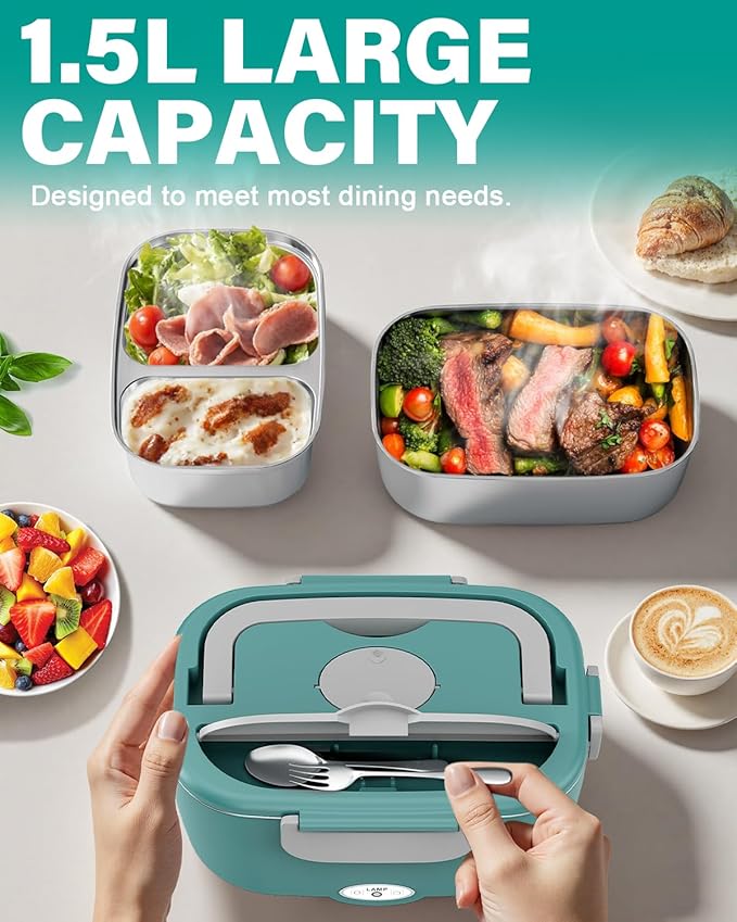 Electric Lunch Box for Men, Women & Adults - 80W Fast Heating - Heated Lunch Box with Dual 1.5L SS Containers - Portable Food Warmer for Car, Truck, Office